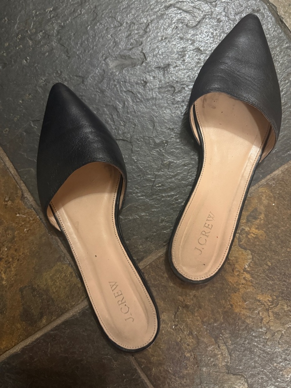 J. Crew Black Leather Pointed D'Orsay Slide Mules